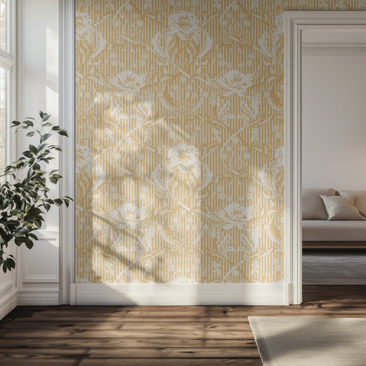Hallway with white and yellow floral wallpaper, wooden floor, and a plant.