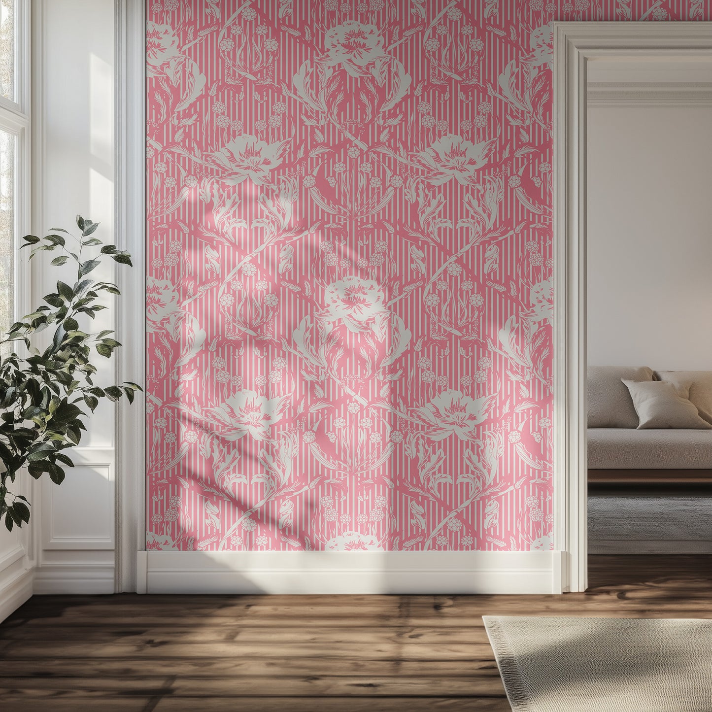 Hallway with pink and white floral wallpaper, wooden floor, and a plant.