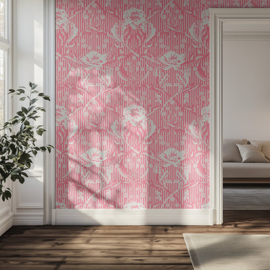 Hallway with pink and white floral wallpaper, wooden floor, and a plant.