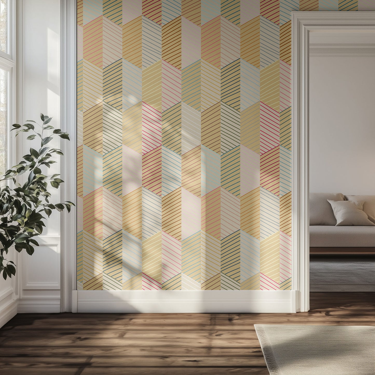 Hallway with a multicolored geometric patterned wallpaper, plant, and sofa.