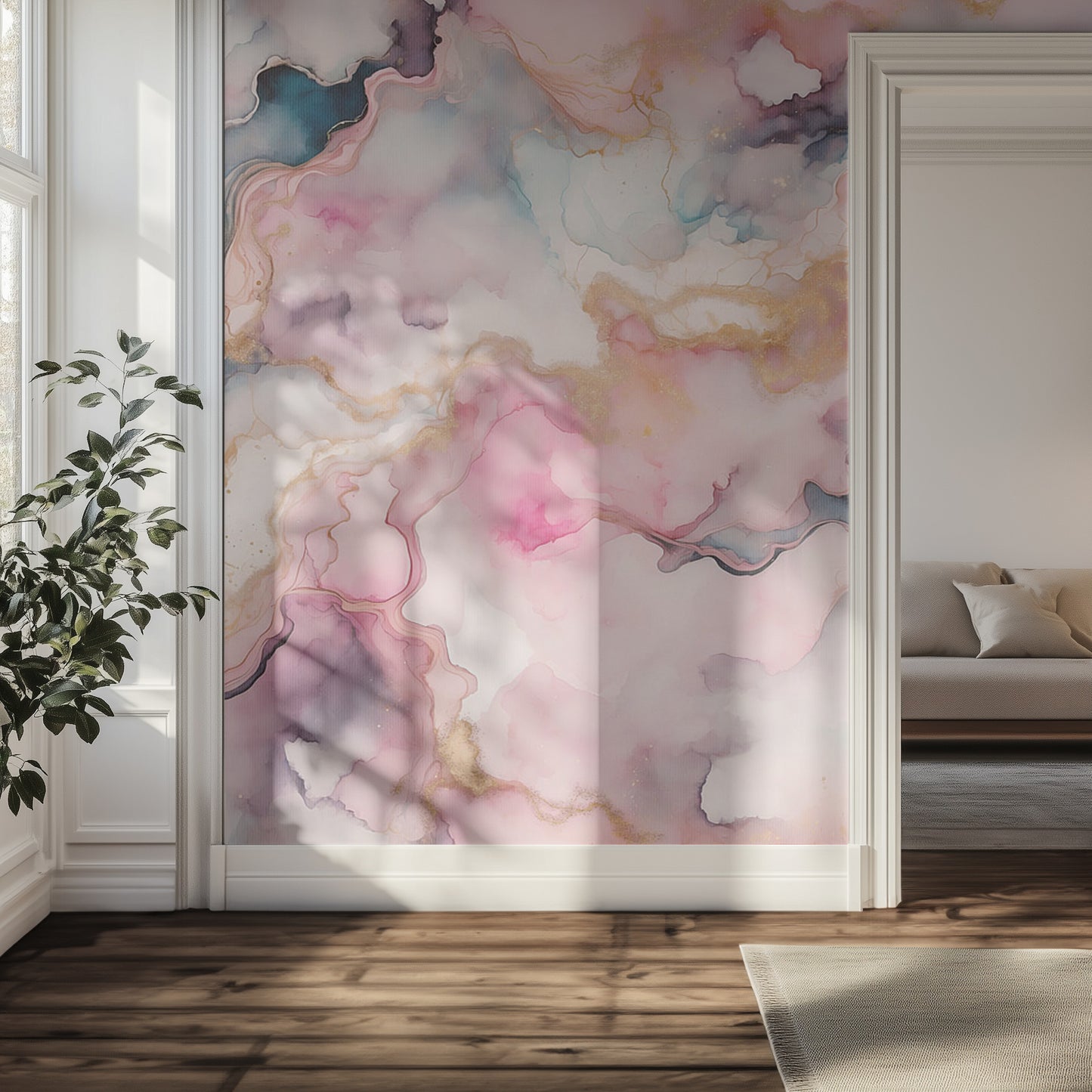 Room with a decorative wall panel featuring abstract pink and blue watercolor patterns.
