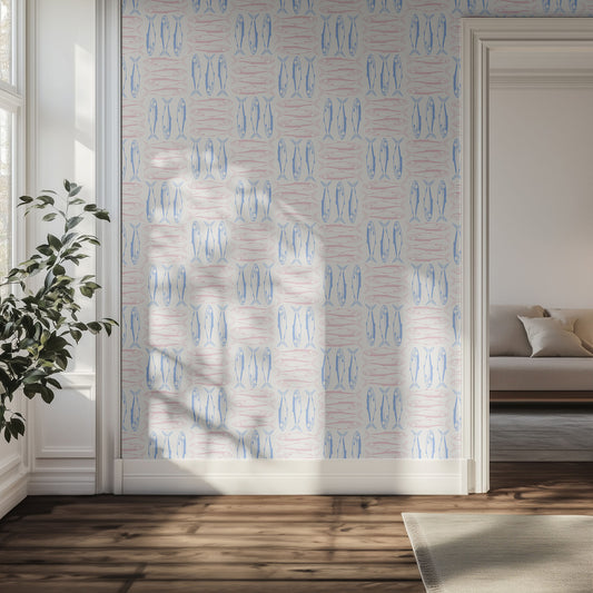 Hallways with pink and blue sardine wallpaper, plant, and sofa