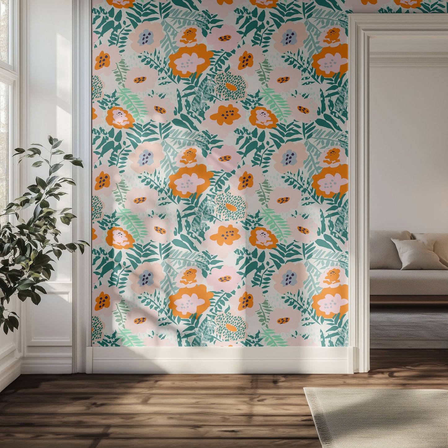Hallway wall with vibrant orange and pink floral wallpaper pattern. 