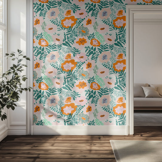 Hallway wall with vibrant orange and pink floral wallpaper pattern. 