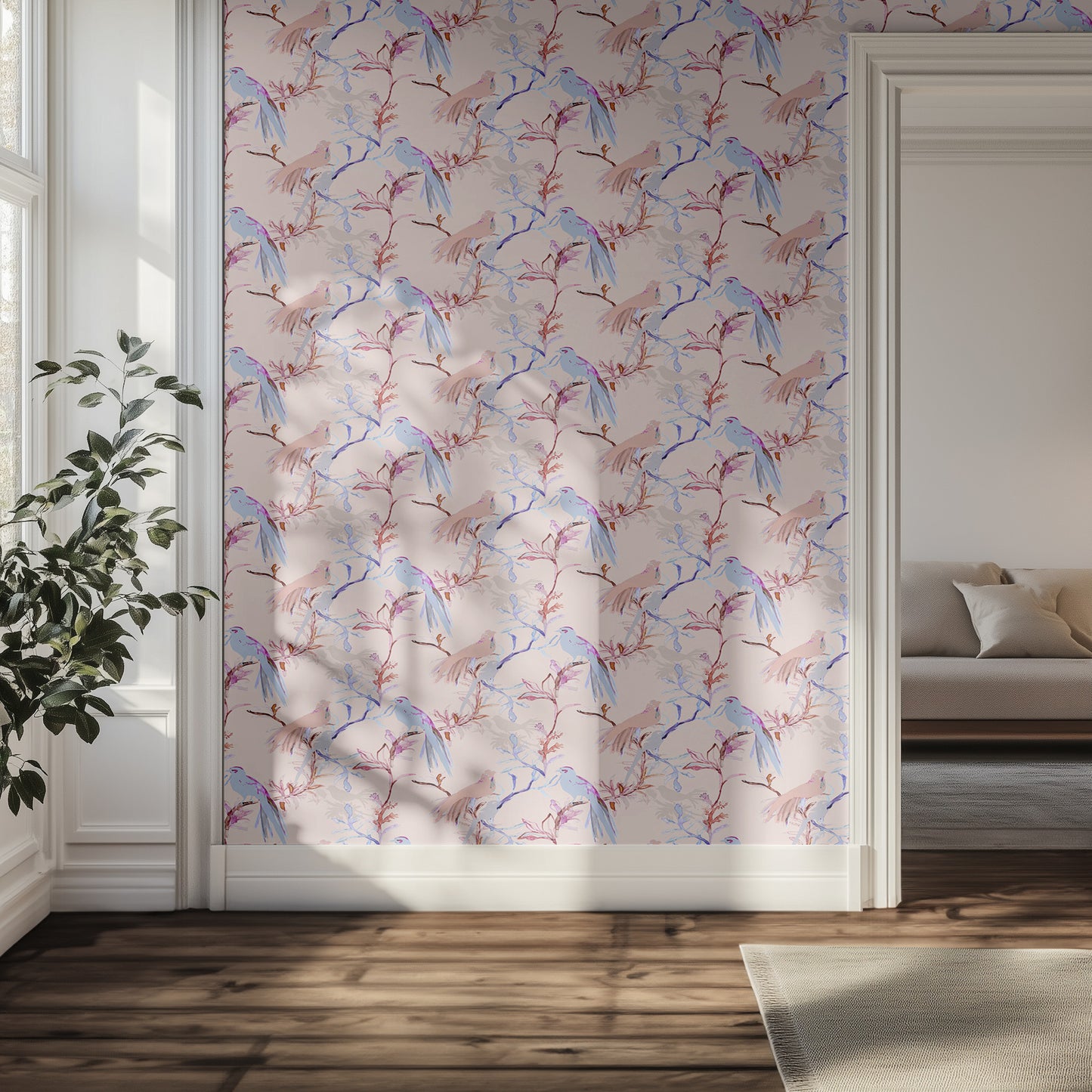 Hallway with light pink wallpaper with a bird pattern, wooden floor, and a plant.