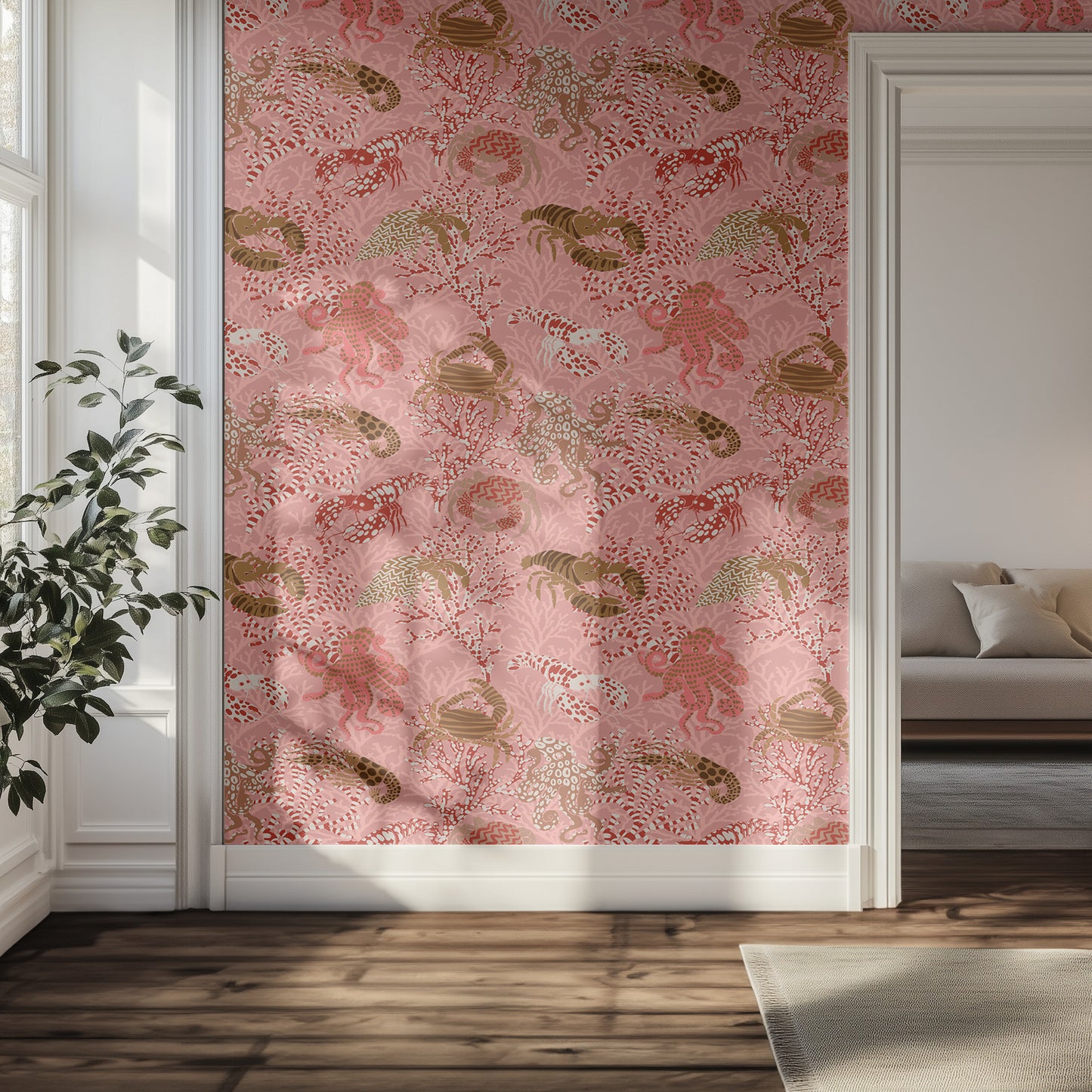 Hallway with a pink and brown animal patterned wallpaper and a plant.