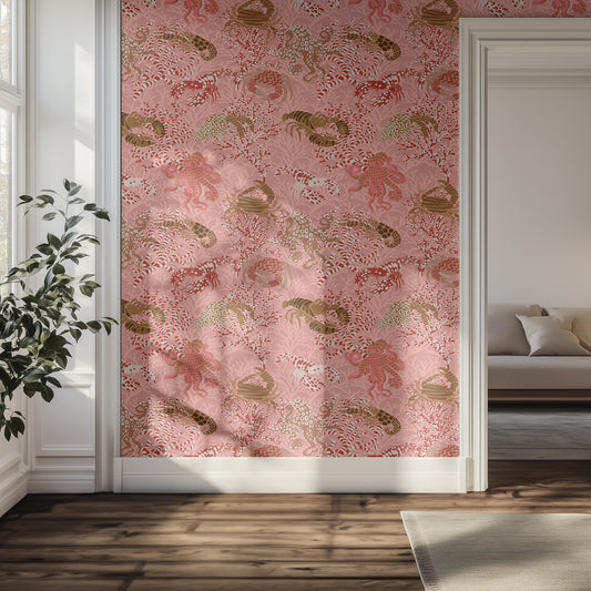 Hallway with a pink and brown animal patterned wallpaper and a plant.
