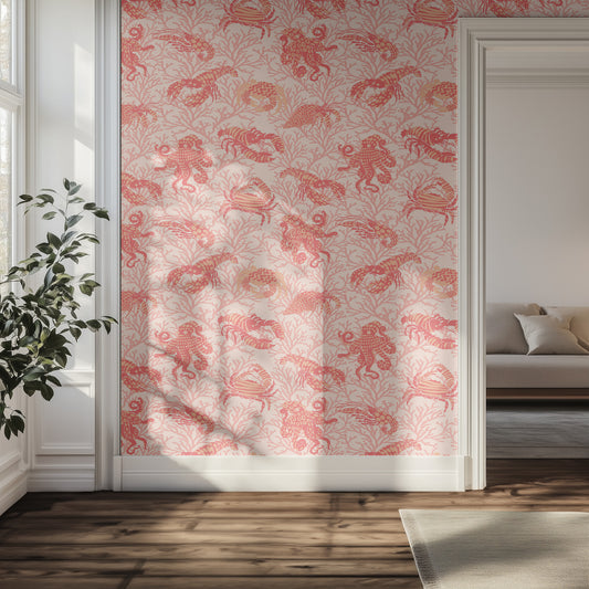 Hallway with coral pink shellfish patterned wallpaper and a plant.