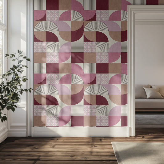 Hallway pink and beige geometric patterned curtain and modern interior design.