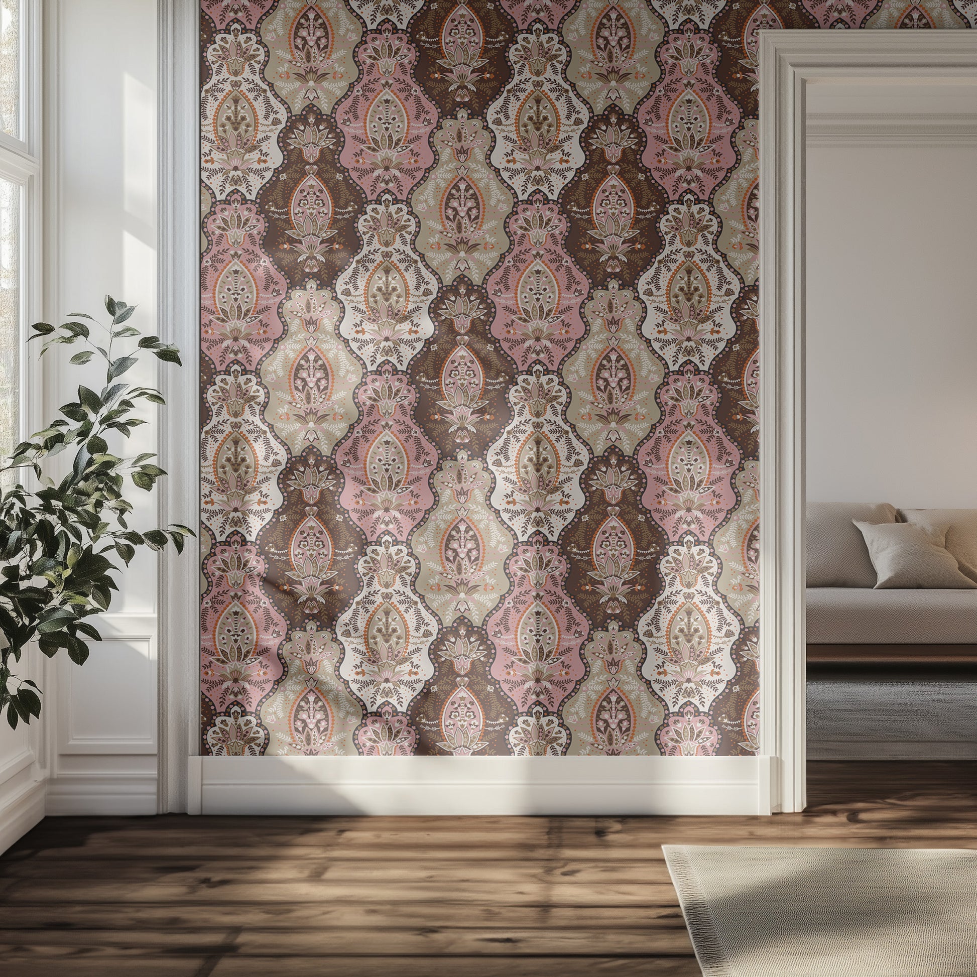 Hallway with detailed pink and beige patterned wallpaper and a couch