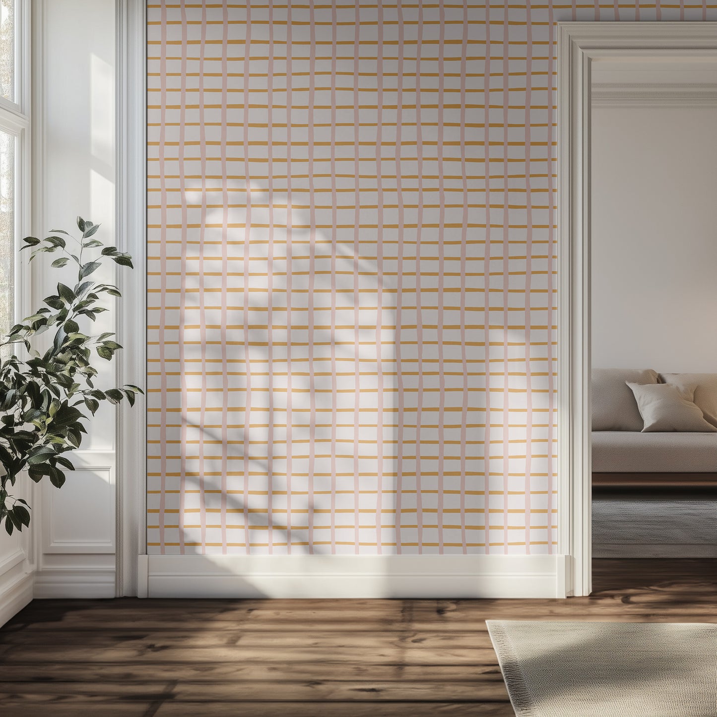 Hallway with light pink and orange grid wallpaper, wooden floor, and a plant.