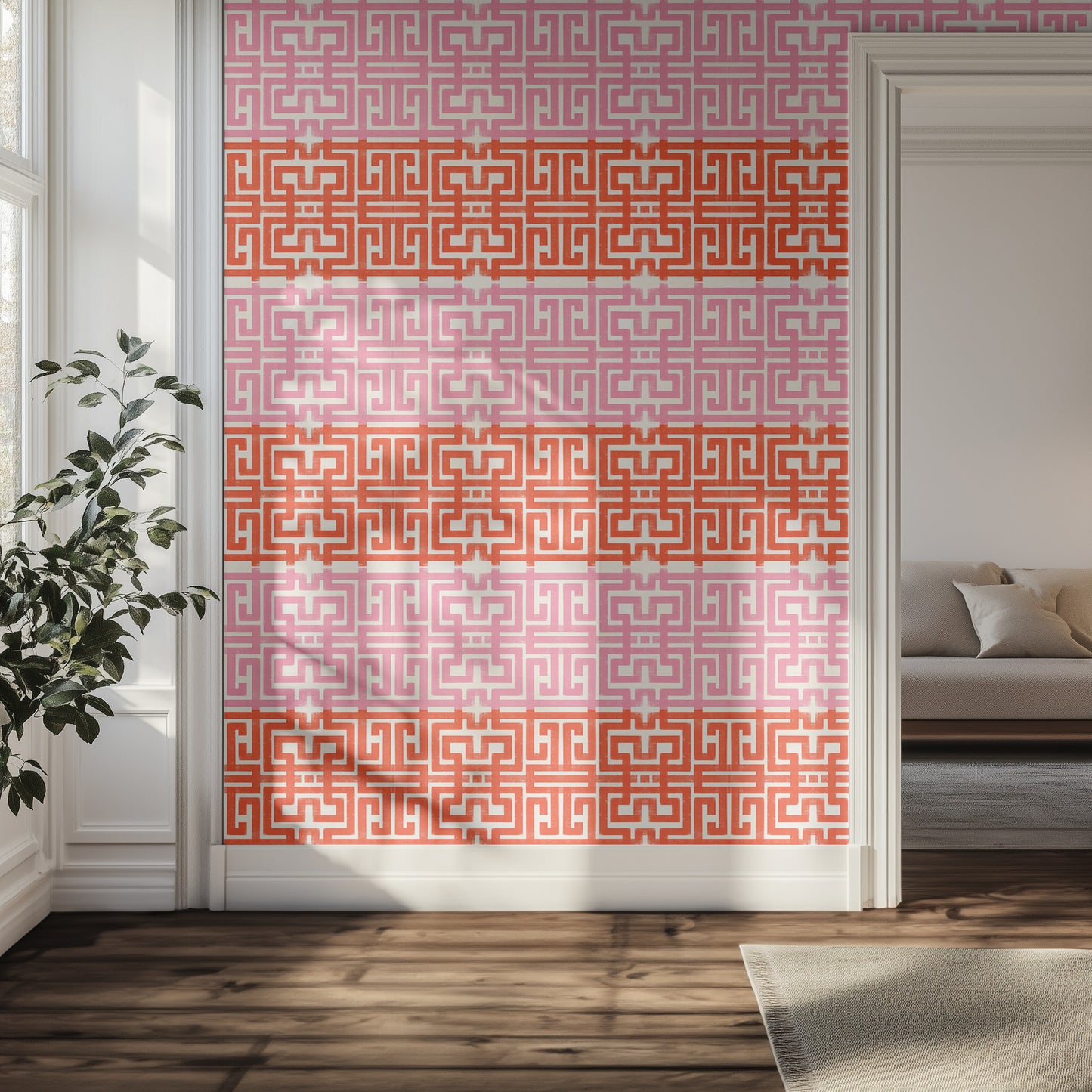 Hallway with pink and bright red geometric wallpaper pattern in natural light.