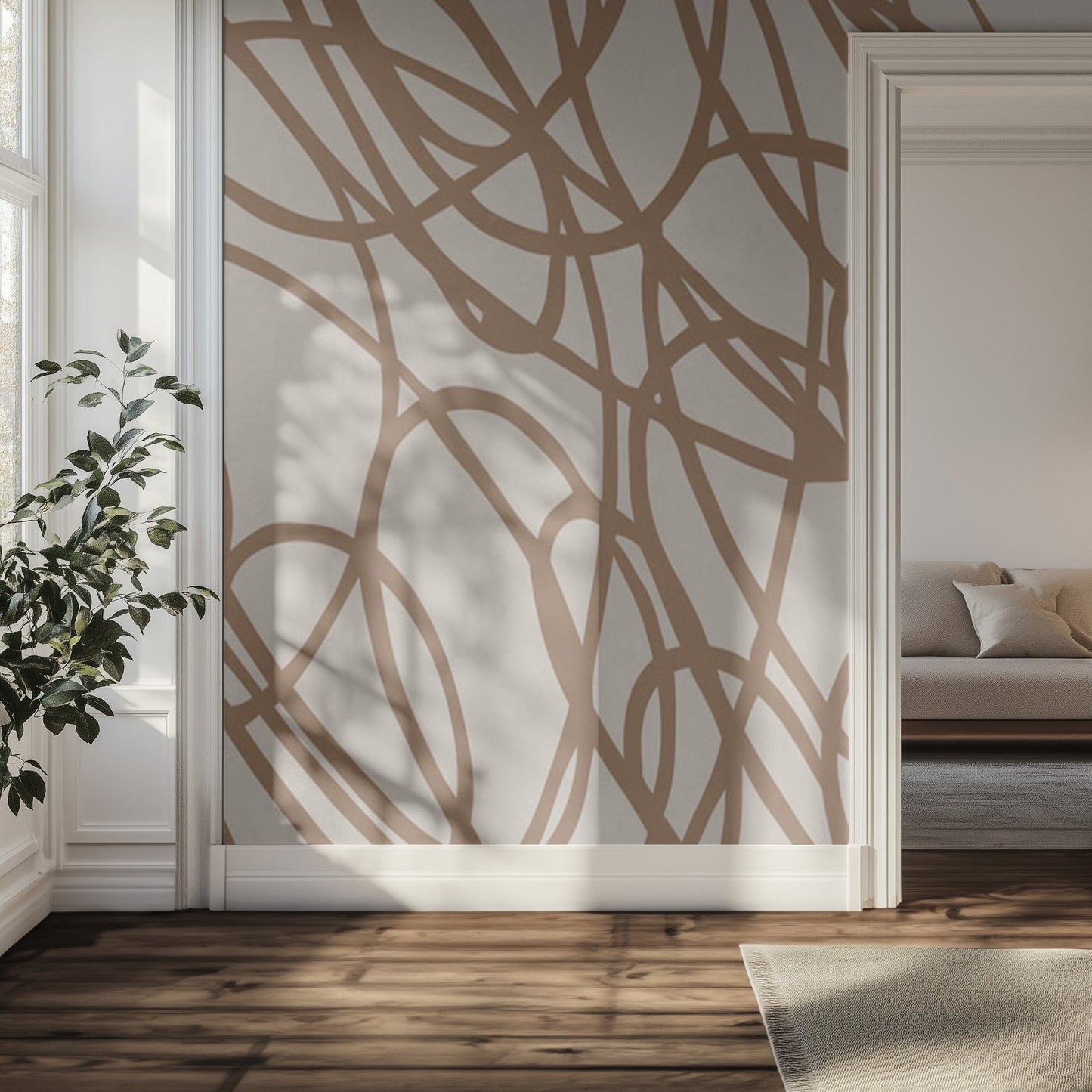 Modern interior with brown abstract scribble wall design and a plant