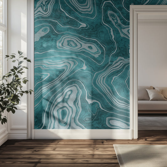 Room interior with a teal marble-patterned wall