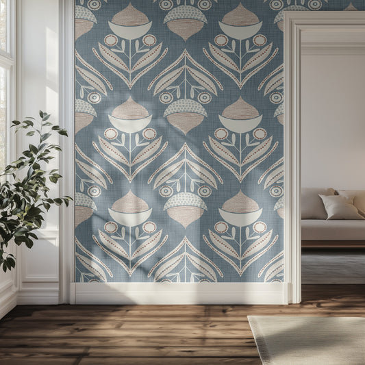 Hallway with decorative textured wallpaper featuring a geometric pattern.