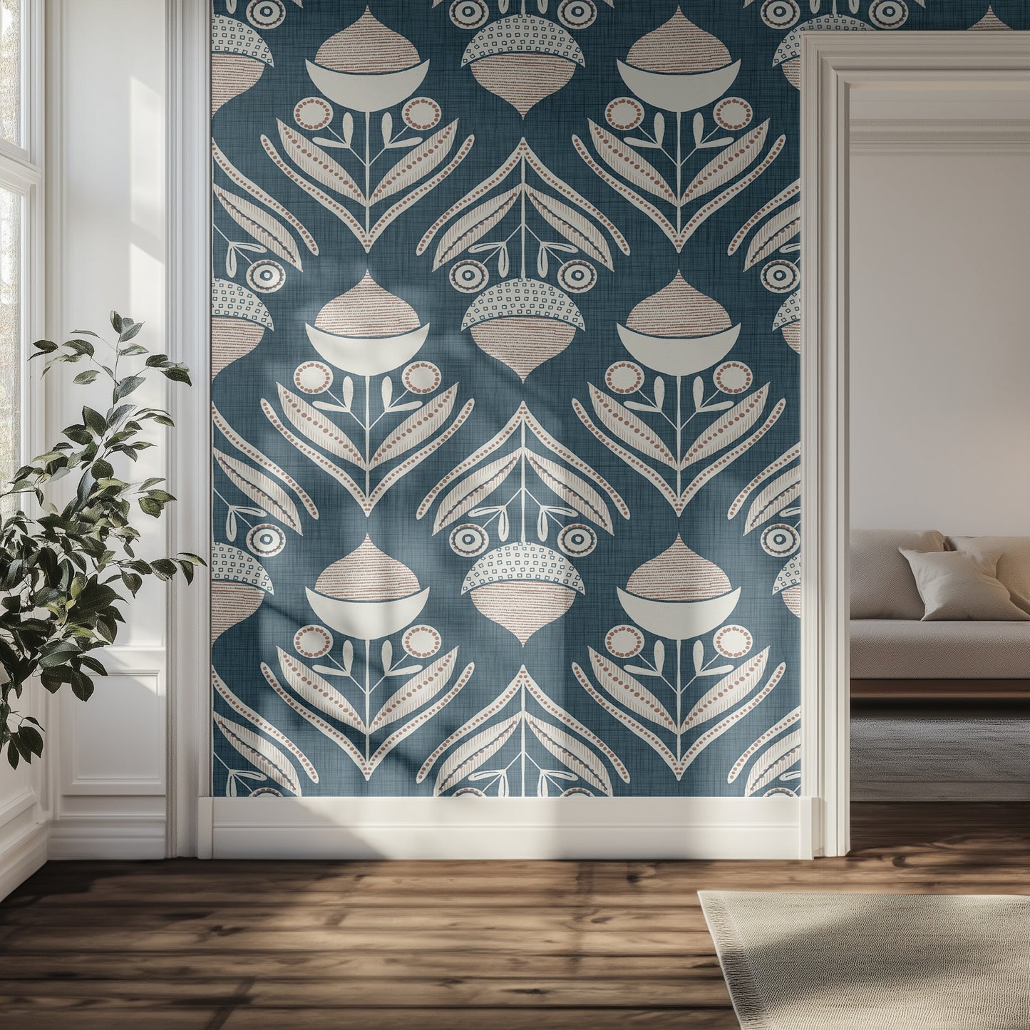 Hallway with decorative dark teal textured wallpaper featuring a geometric pattern.