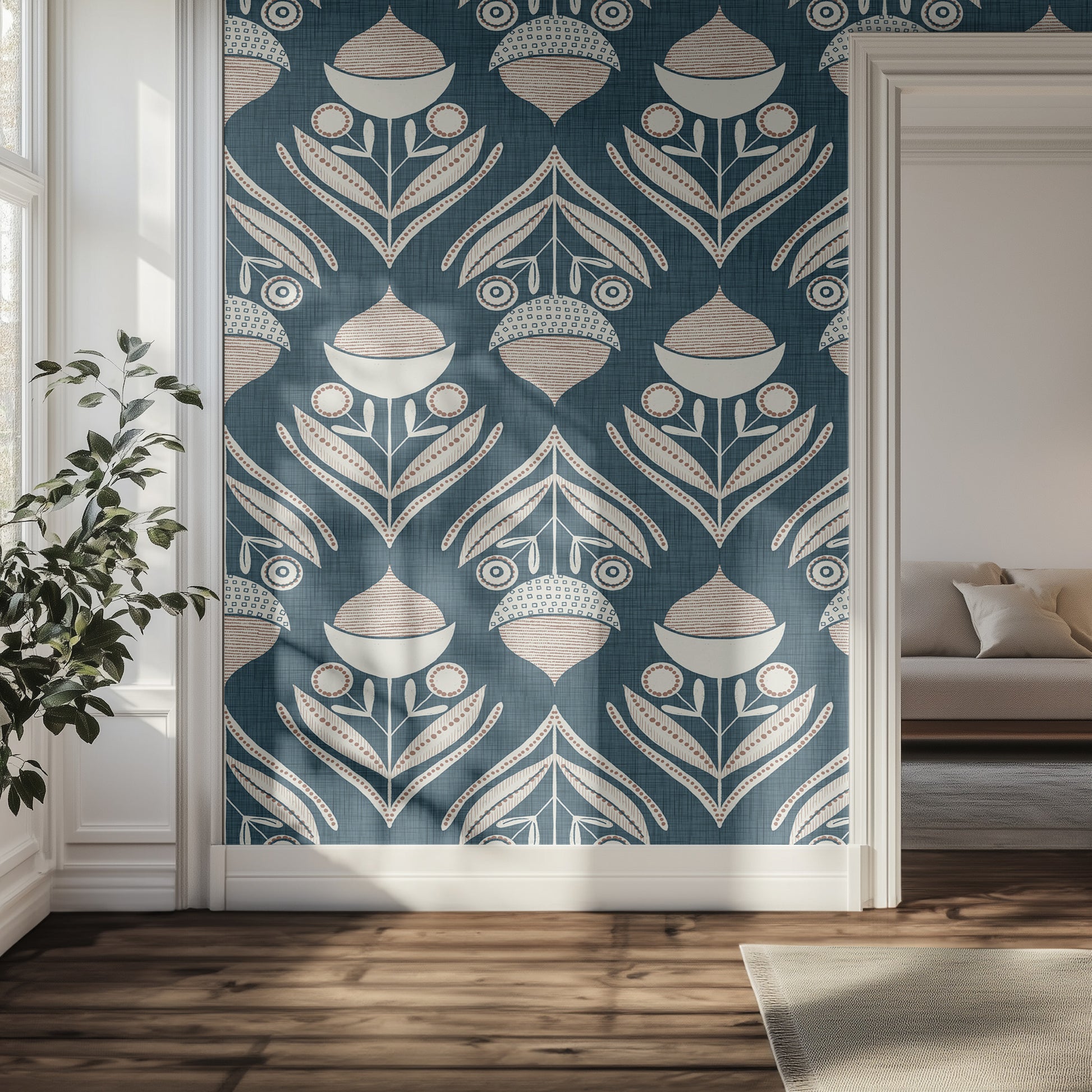 Hallway with decorative dark teal textured wallpaper featuring a geometric pattern.