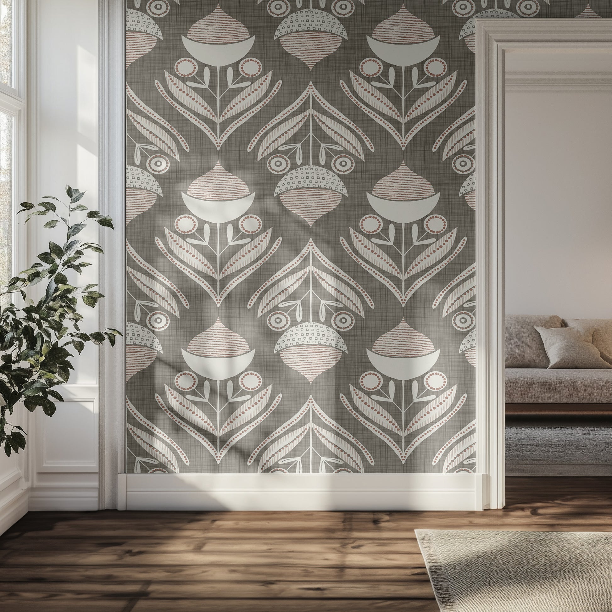 Hallway with taupe and white textured wallpaper pattern of acorns and leaves, with soft natural light.