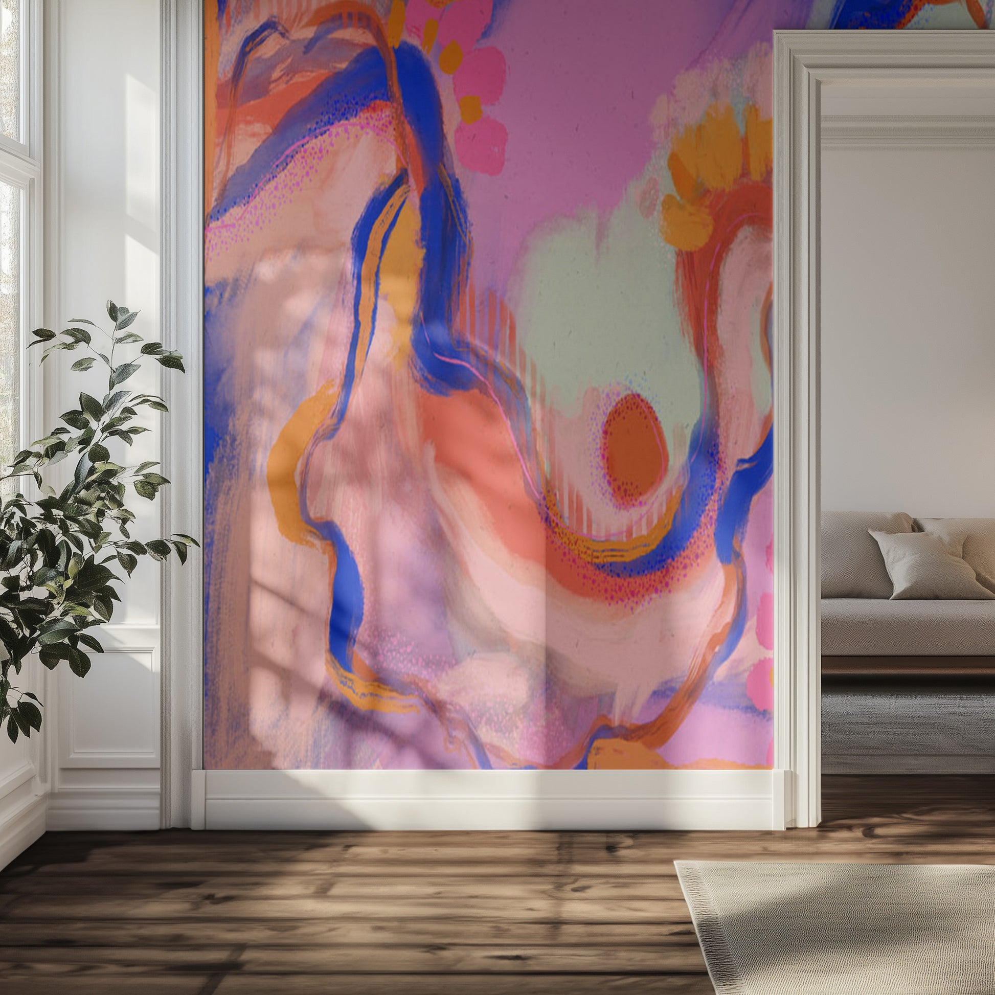 Colorful abstract mural on a wall in a modern living room.