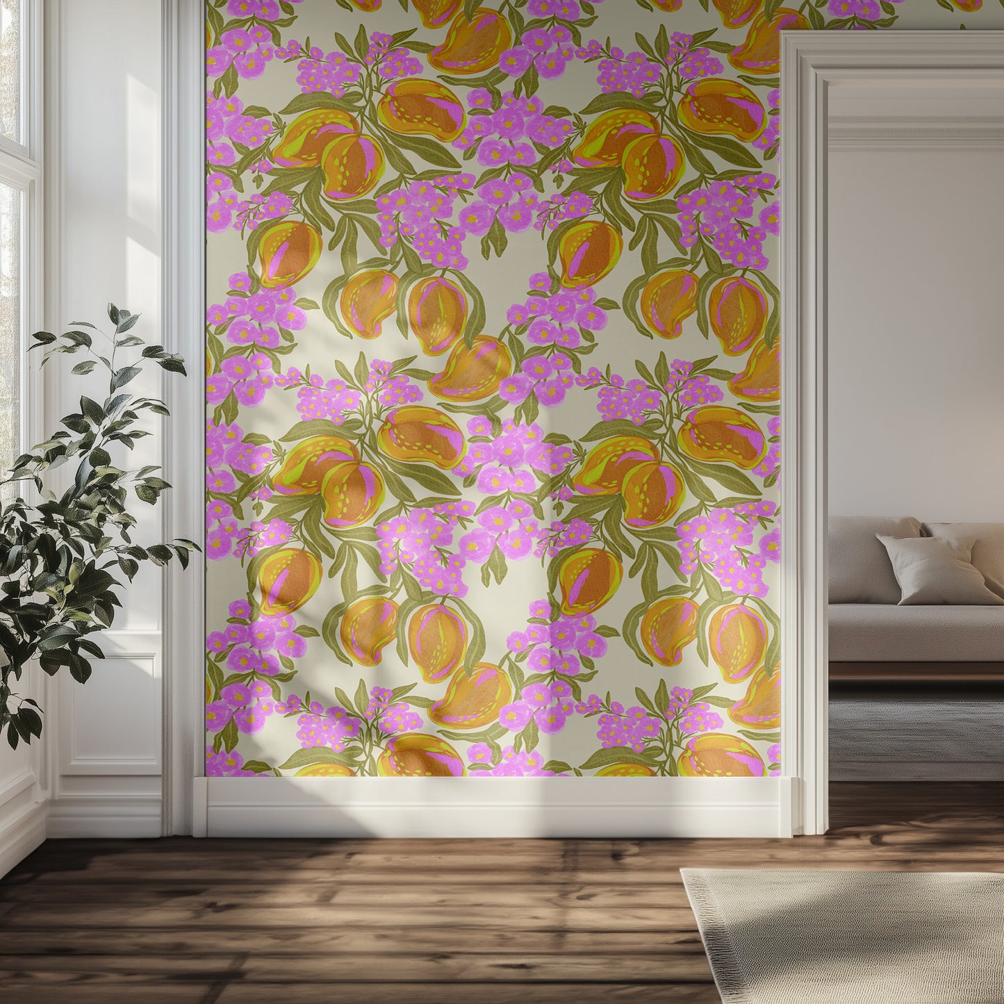 Floral patterned wallpaper with fruit and pink flowers in a hallway with a couch and plant.