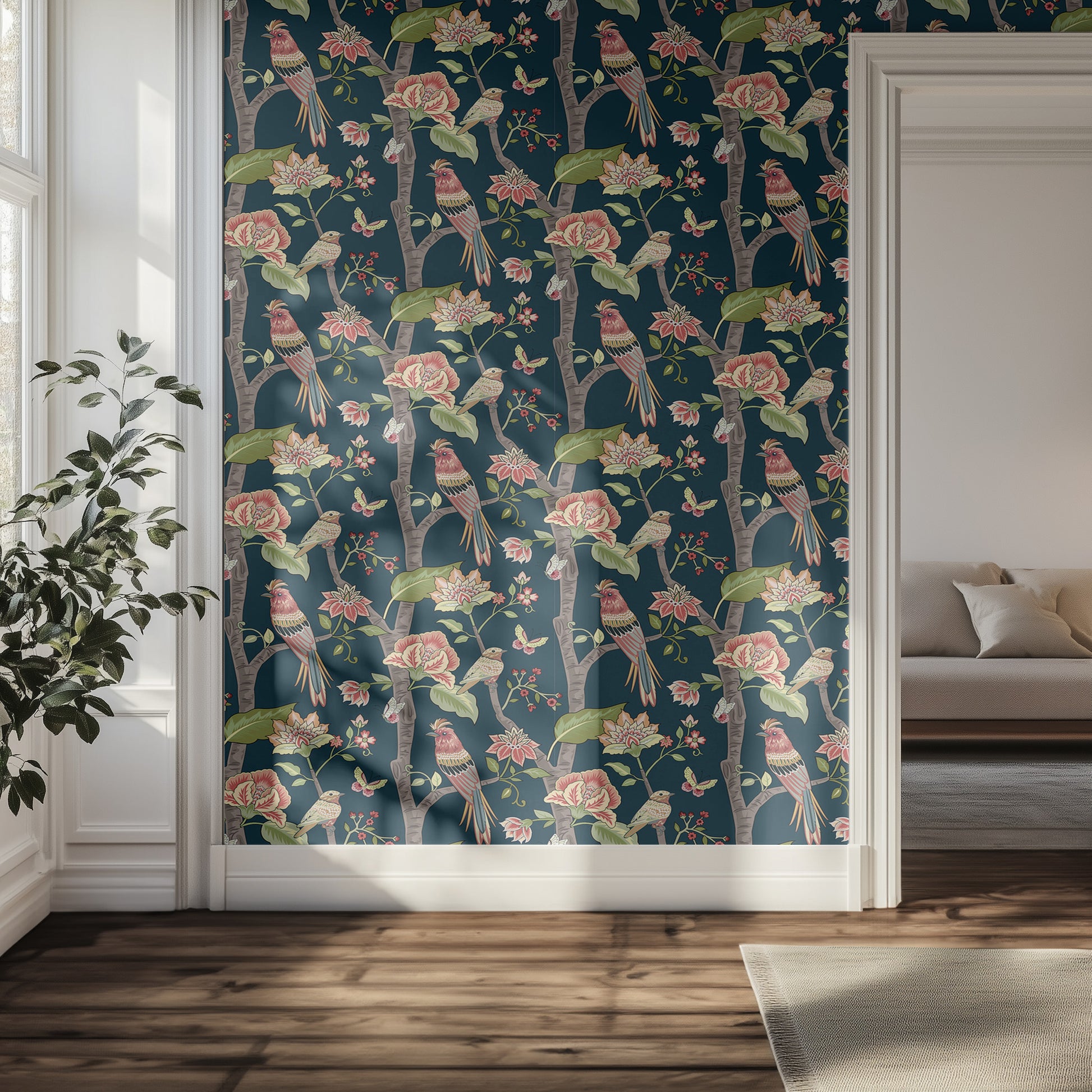 Wallpaper with floral and bird pattern in a room with a sofa and plant.