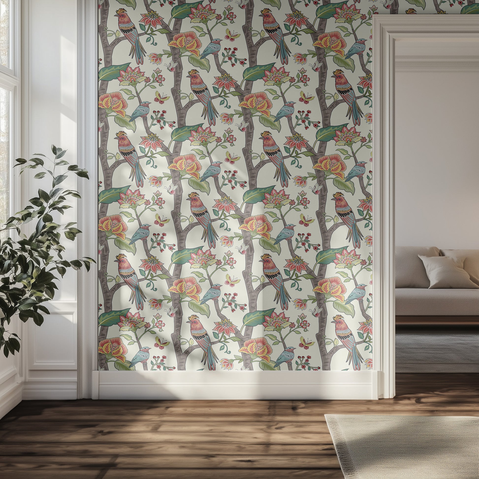 Decorative wallpaper with birds and flowers in a living room setting