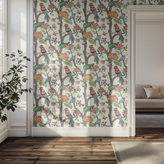 Decorative wallpaper with birds and flowers in a living room setting