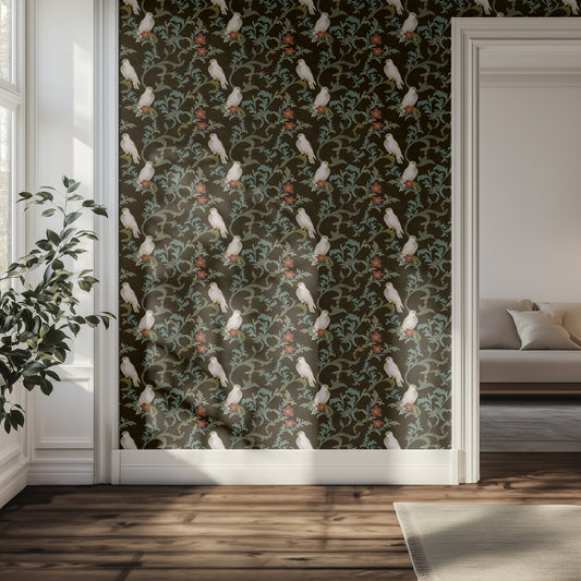 Hallway with ornate dark vintage wallpaper featuring white birds and floral patterns.