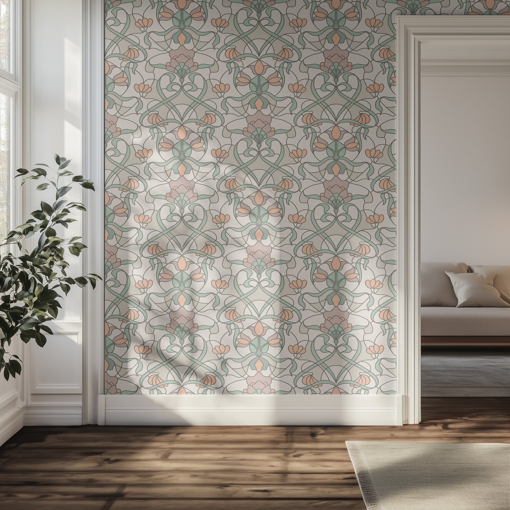 Hallway with light colored stained glass wallpaper, wooden floor, and a plant.