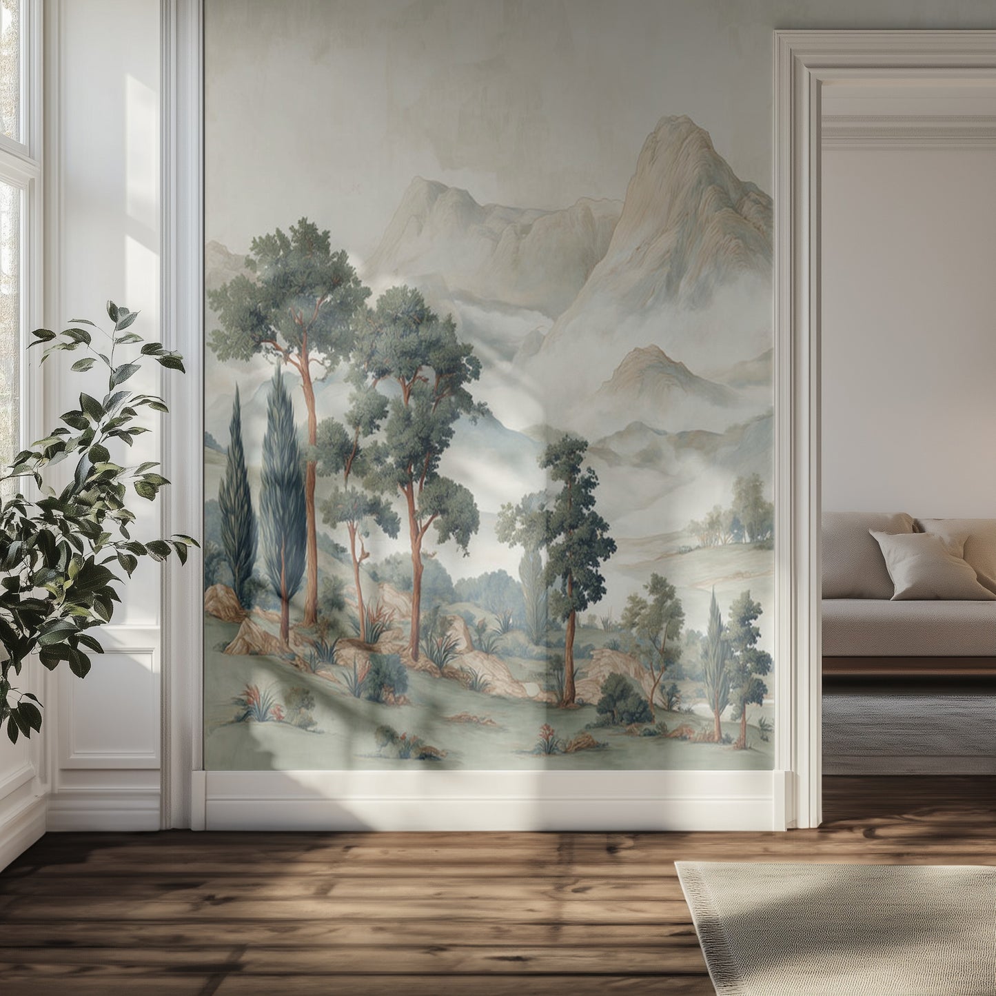 Room interior with a large wall mural of a forest and mountains.