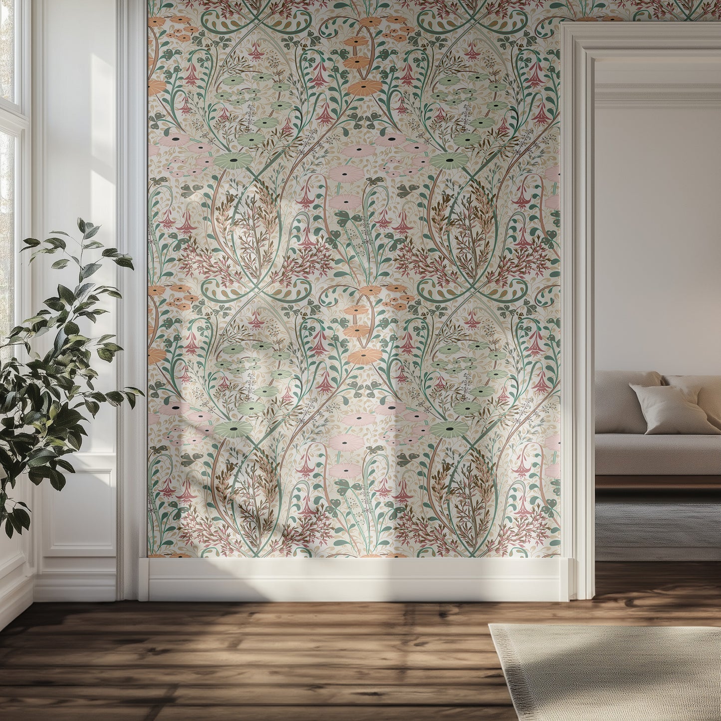 Living room with a decorative wall panel featuring intricate floral patterns.
