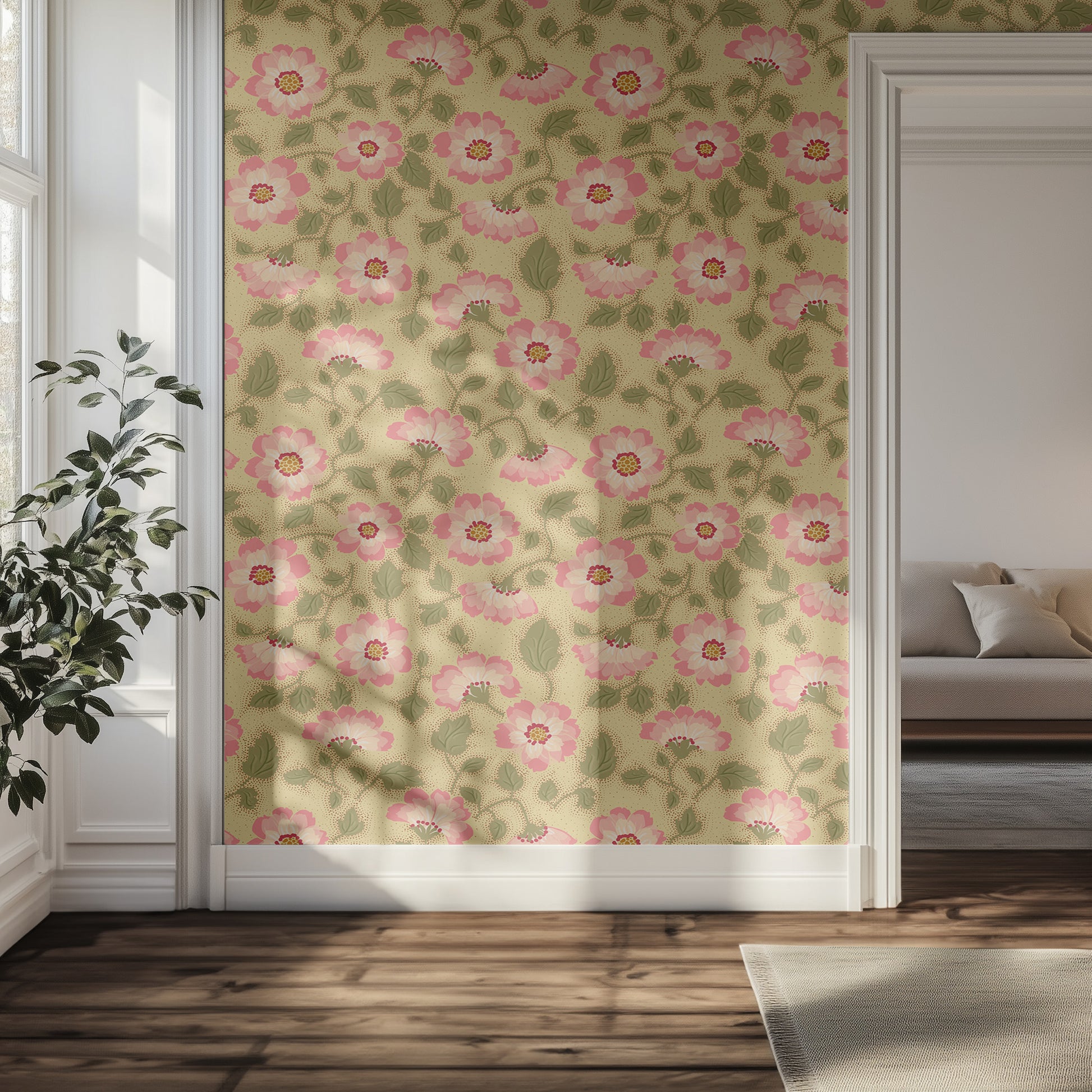 Hallway with vintage pink floral wallpaper, plant, and sofa.
