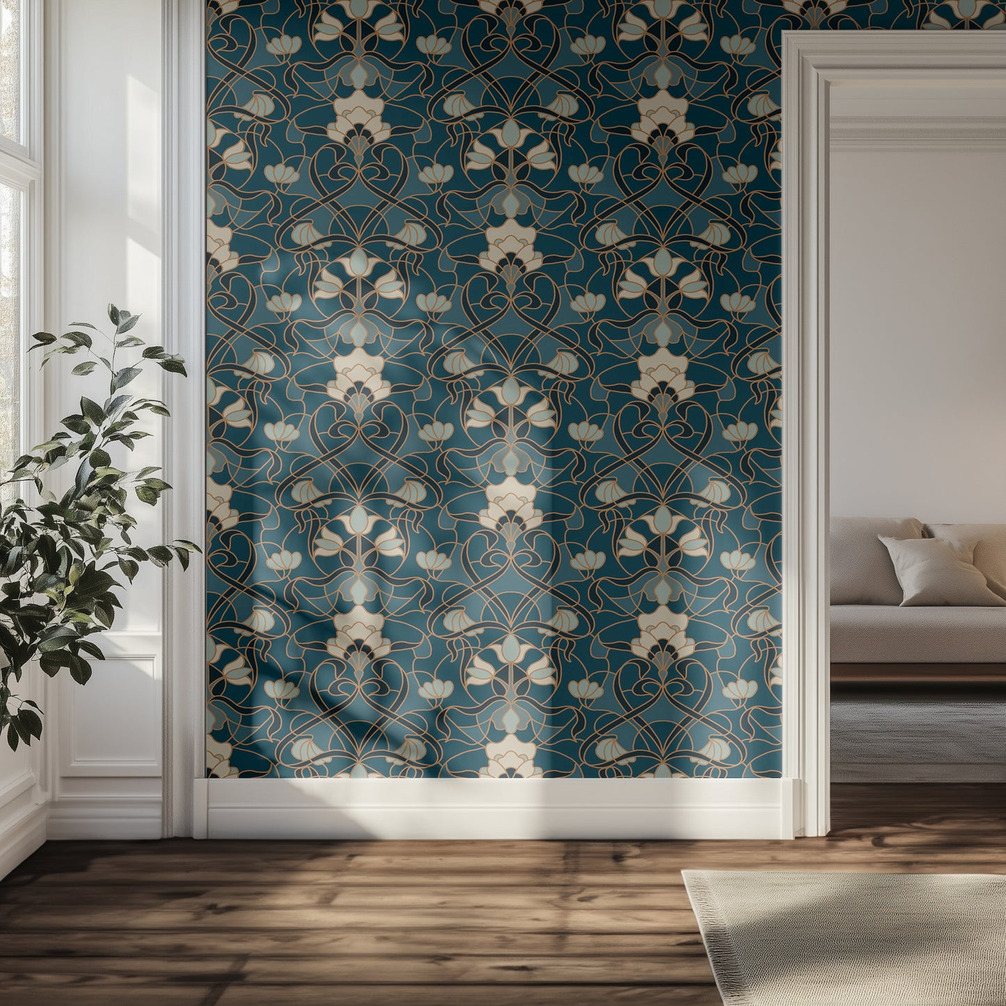 Decorative blue floral wallpaper in a room with a couch and plant.