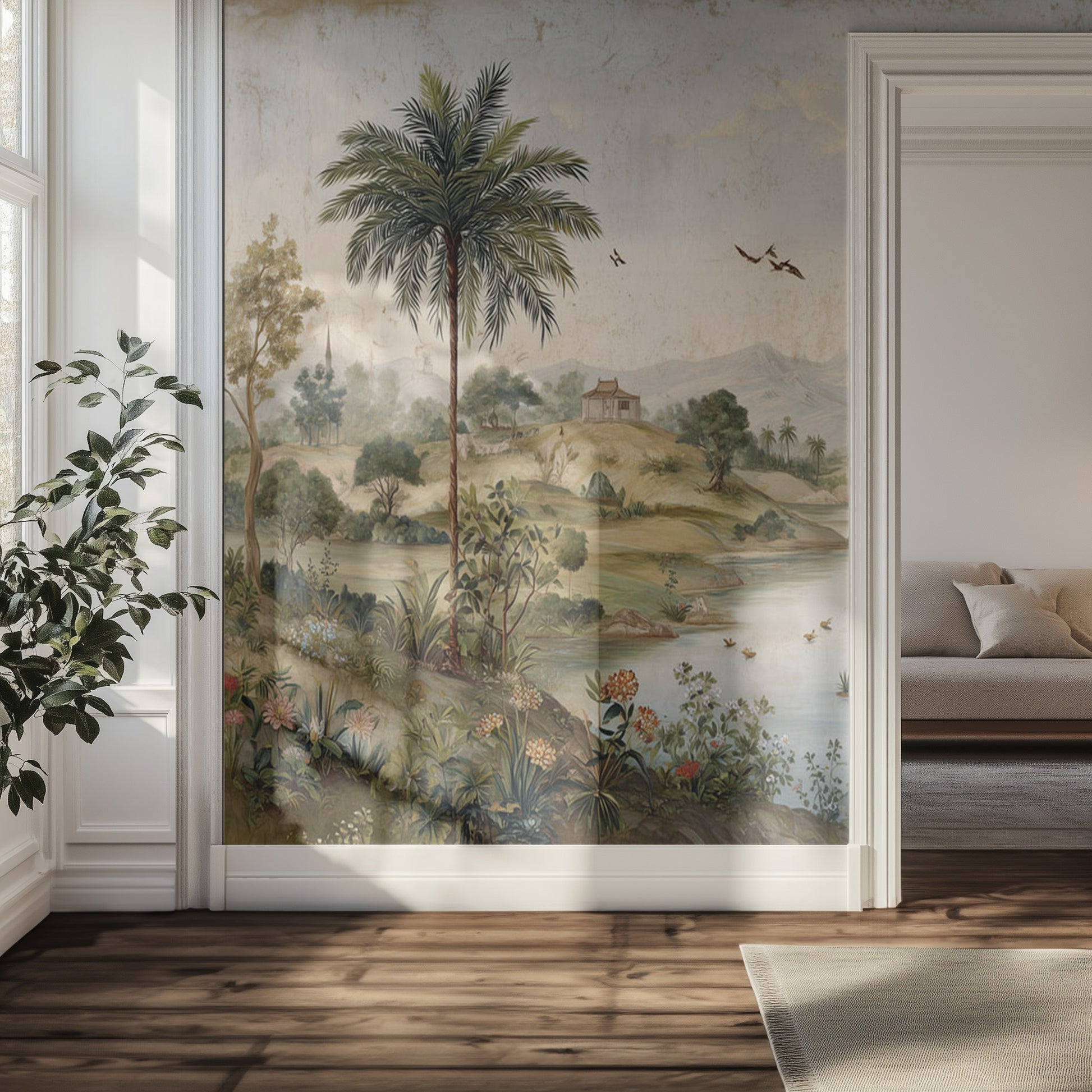 Living room with a large wall mural of a landscape with palm trees and a house.