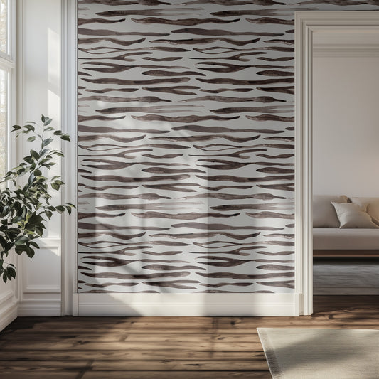 living room with wavy zebra pattern wallpaper in a modern interior setting
