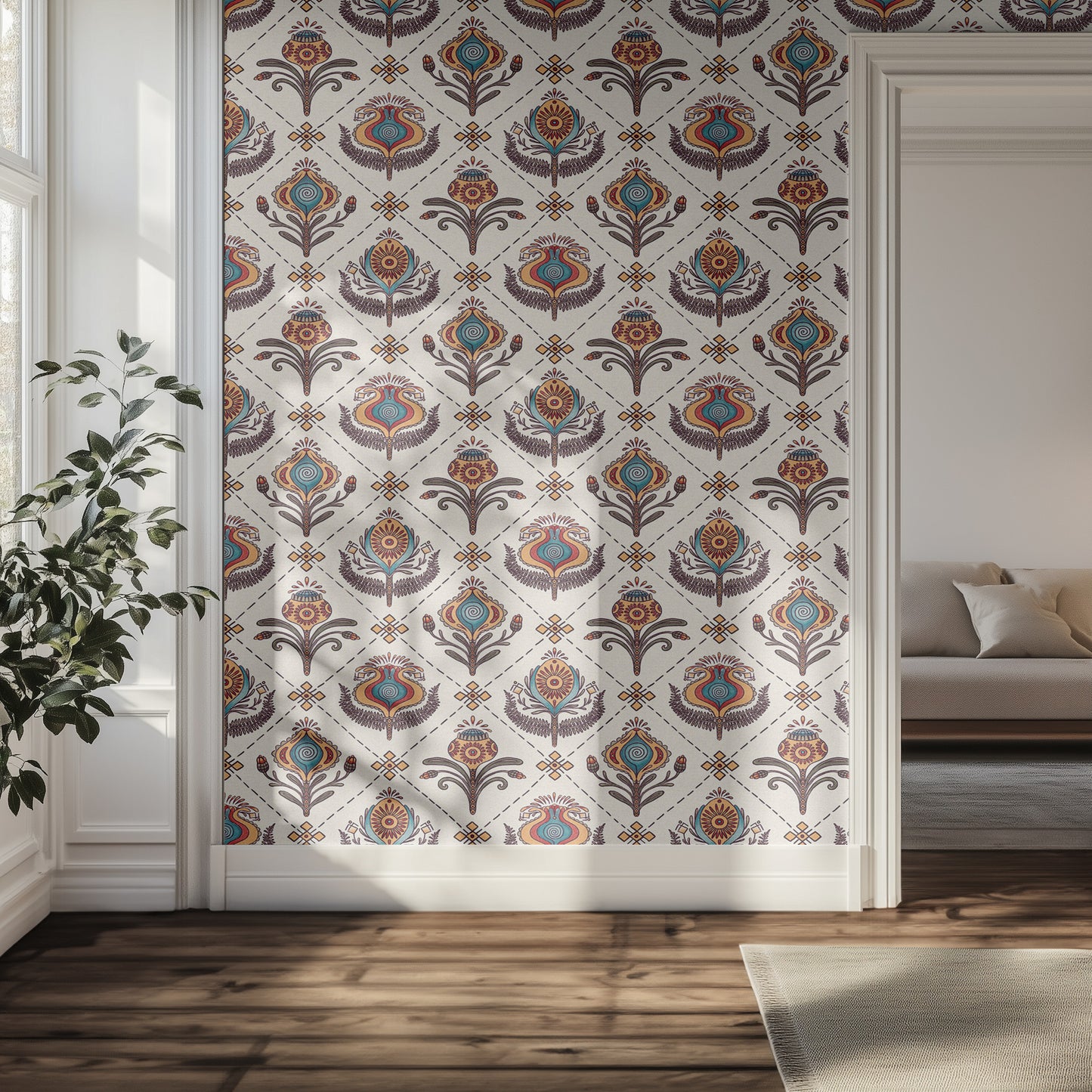 Living room with a wall featuring an ornate and decorative patterned wallpaper.