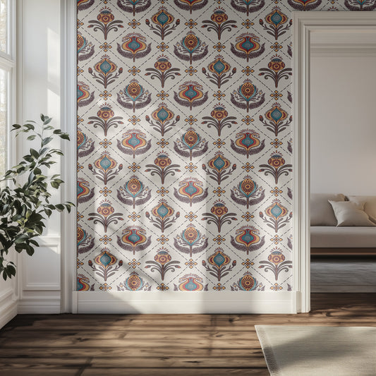 Living room with a wall featuring an ornate and decorative patterned wallpaper.