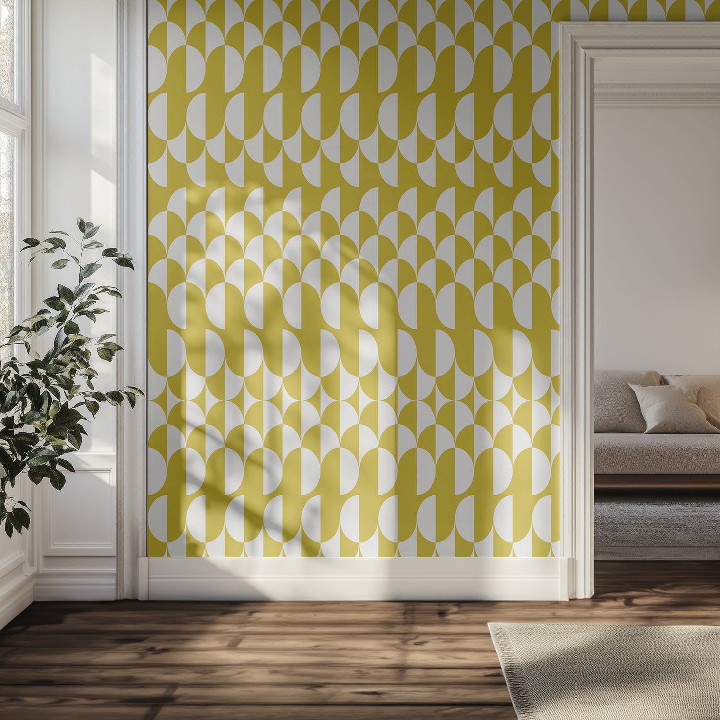 Living room with yellow geometric wallpaper, plant, and sofa