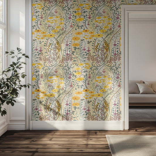 Living room with yellow floral wallpaper and a plant