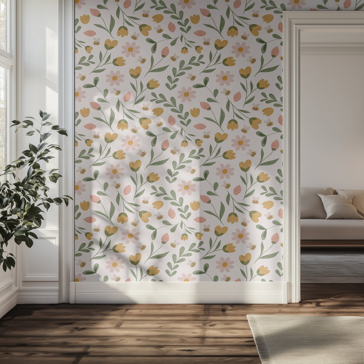 Room interior with floral wallpaper and a couch.