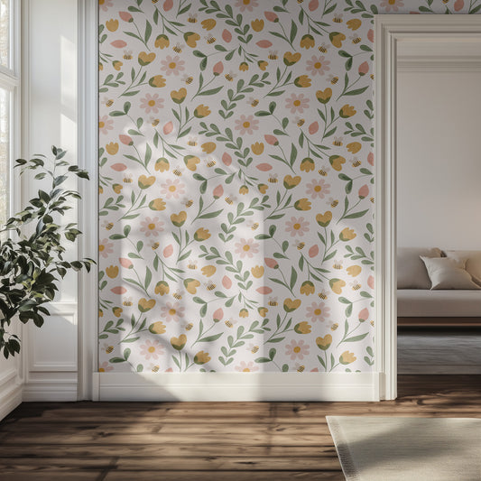 Room interior with floral wallpaper and a couch.