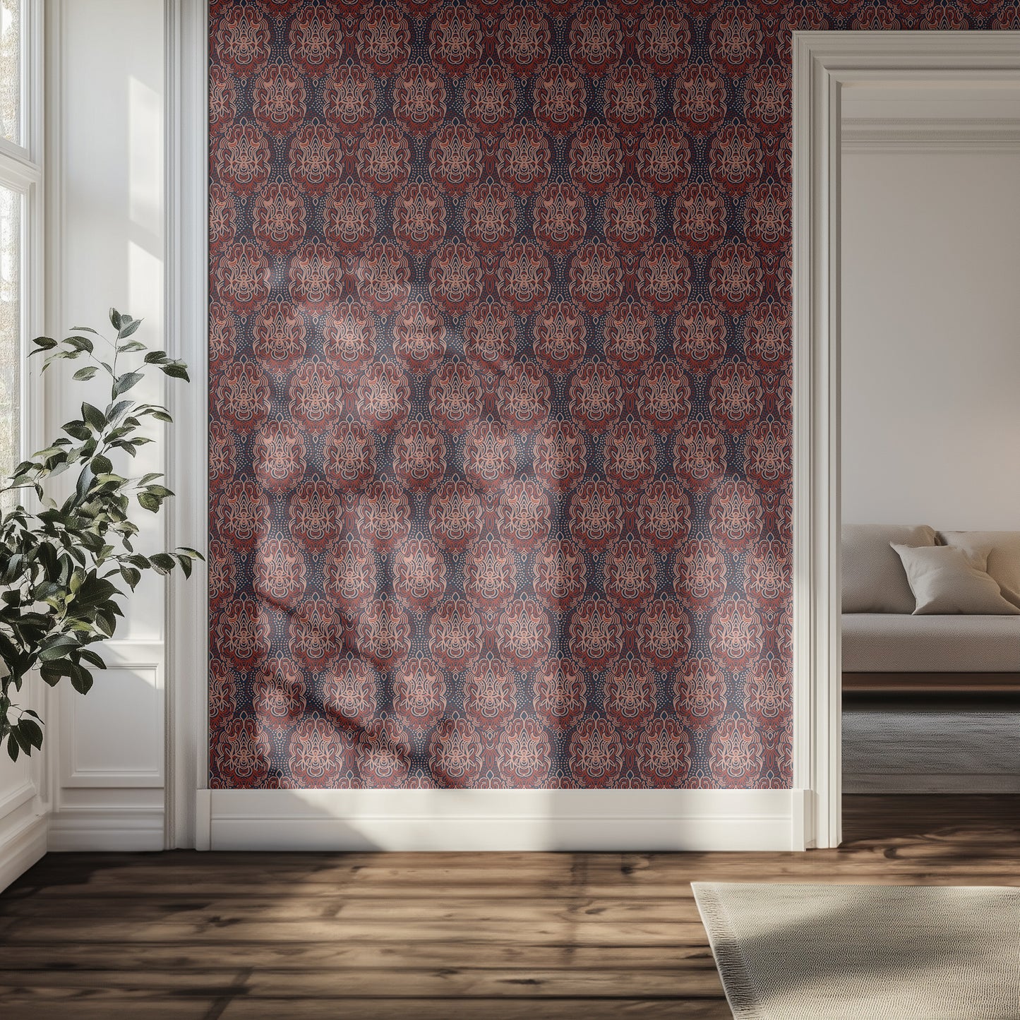 Maroon and red patterned wallpaper in a room with a couch and a plant.