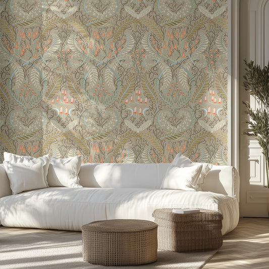 Living room with a white sofa, ornate taupe floral patterned wallpaper, and wicker ottomans.