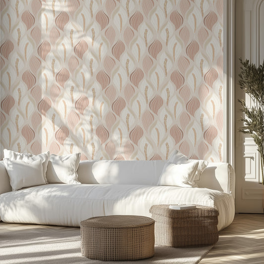 Modern living room with elegant beige and dusty rose lily wallpaper pattern, a white couch, and wicker ottomans.