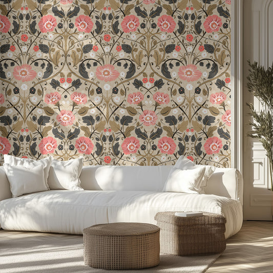 Living room with traditional art nouveau floral wallpaper with a neutral background, white sofa, and wicker ottomans.