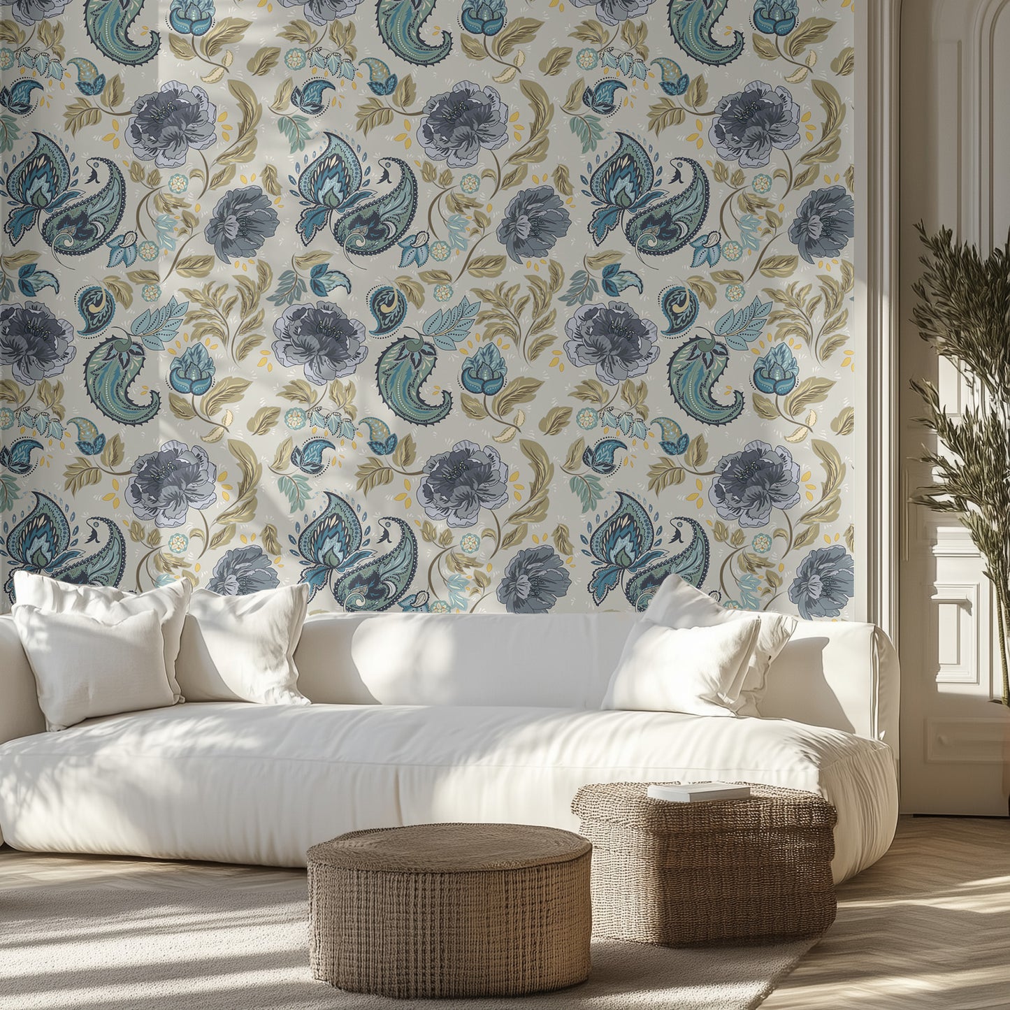 Living room with blue paisley and floral wallpaper, white sofa, and wicker ottomans.