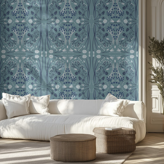 Living room with white sofa, patterned blue and teal boho wallpaper, and wicker ottomans.