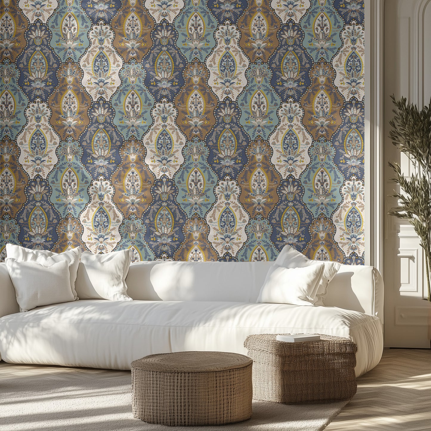 Living room with a teal and tan bohemian floral patterned wall, white sofa, and decorative ottomans.