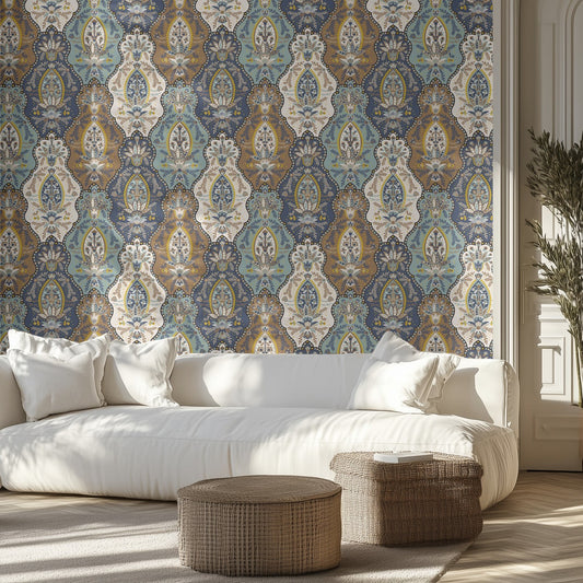 Living room with a teal and tan bohemian floral patterned wall, white sofa, and decorative ottomans.