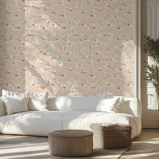 Modern living room with a white sofa, light pink floral patterned wallpaper, and wicker ottomans.